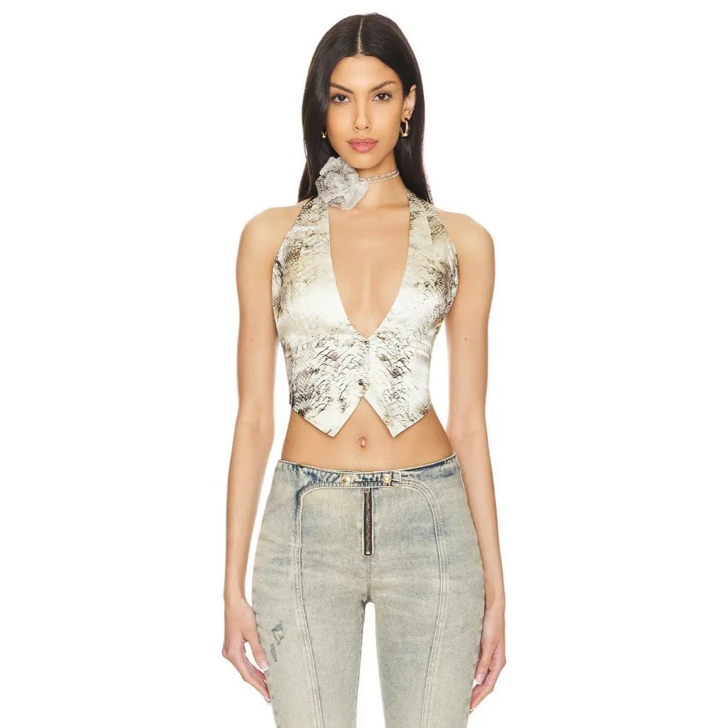 retrofete Romy Open Back Silk Snakeskin Print Vest Vintage Snake Womens Size Sma Black - Image 2