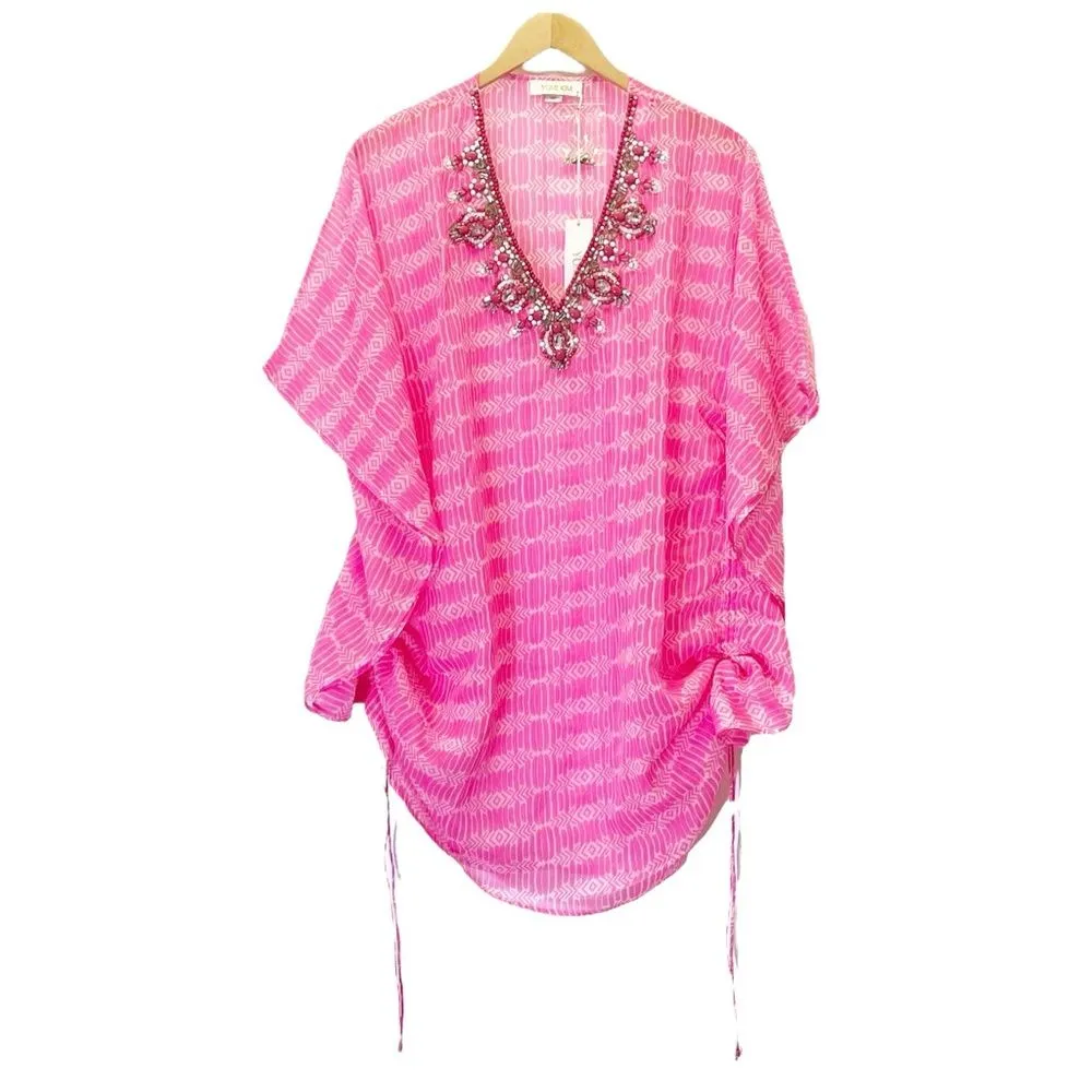 NWT Yumi Kim Maze Cover Up Jeweled Beaded Cinched Kaftan Hot Pink Sheer Size M/L - Image 2