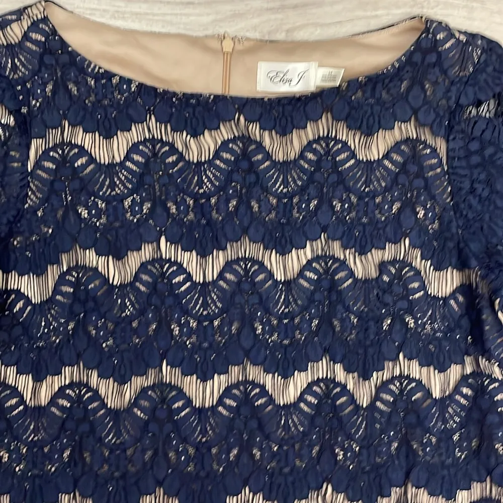 Navy Blue Lace Overlay 3/4 Sleeve Knee Length Cocktail Dress Size 14 - Image 7