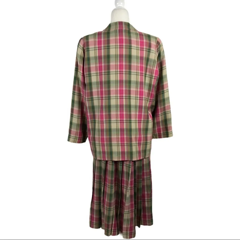 VTG Pendleton Plaid Pleated Skirt Blazer Suit Set Academia Pink Green Size Large - Image 3