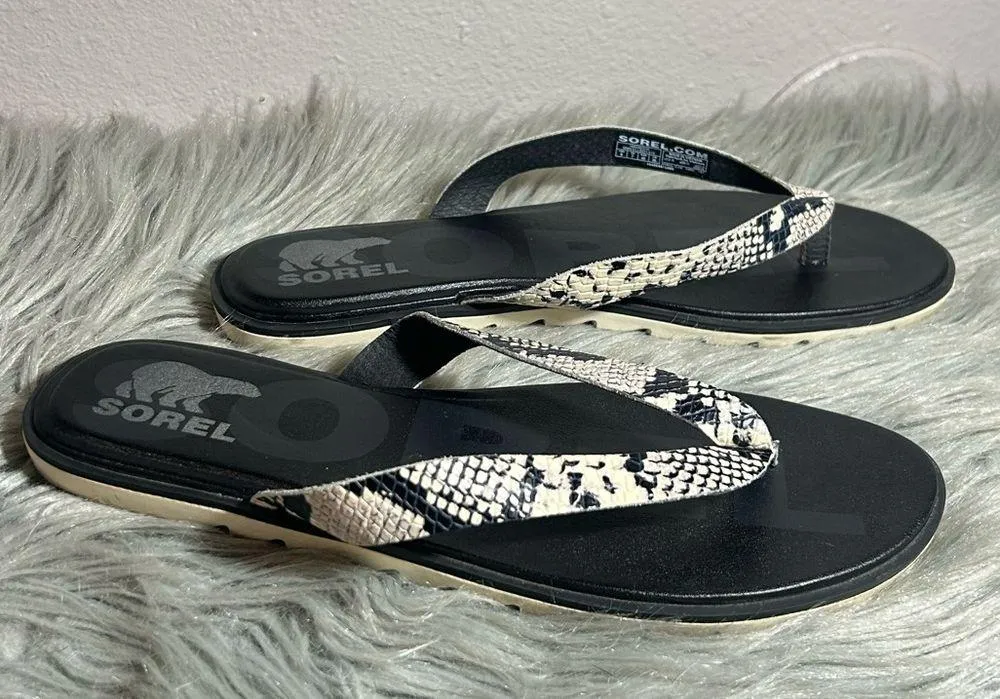 SOREL Ella II Snake-Print Leather Flip-Flops Black Size 9 - Image 2