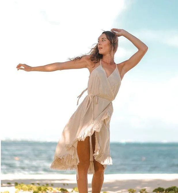 Resort Midi Wrap Dress by T. ZOVICH Linen Sleeveless Beige Raw Hem Ecofriendly - Image 9