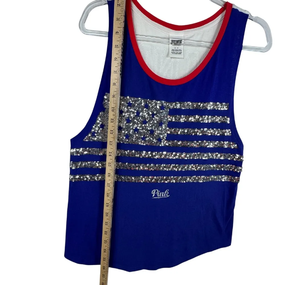 PINK Victoria's Secret‎ Bling American Flag Sequin Tank Top Patriotic Blue Red S - Image 6