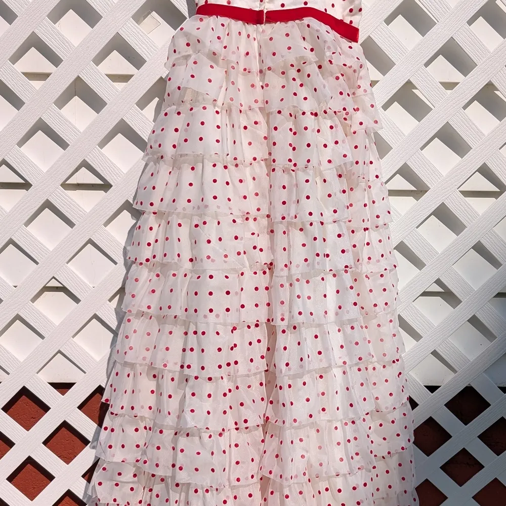 Vintage Nadine 1970's Elegant Cream and Red Polka Dot Prom Dress Size 7 - Image 5