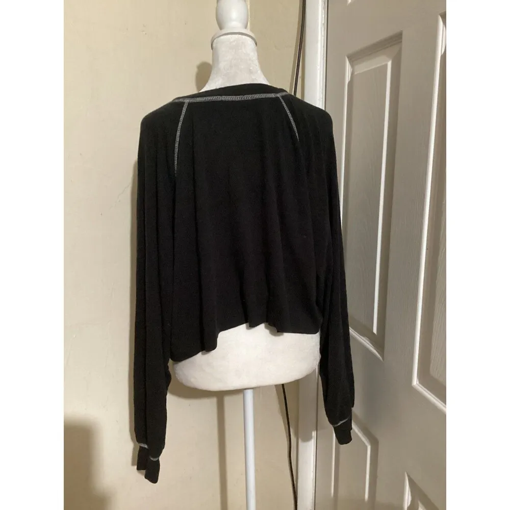 NIA Pullover Shirt Womens Medium Cropped Henley Long Sleeve Contrast Stitch Top Black - Image 3