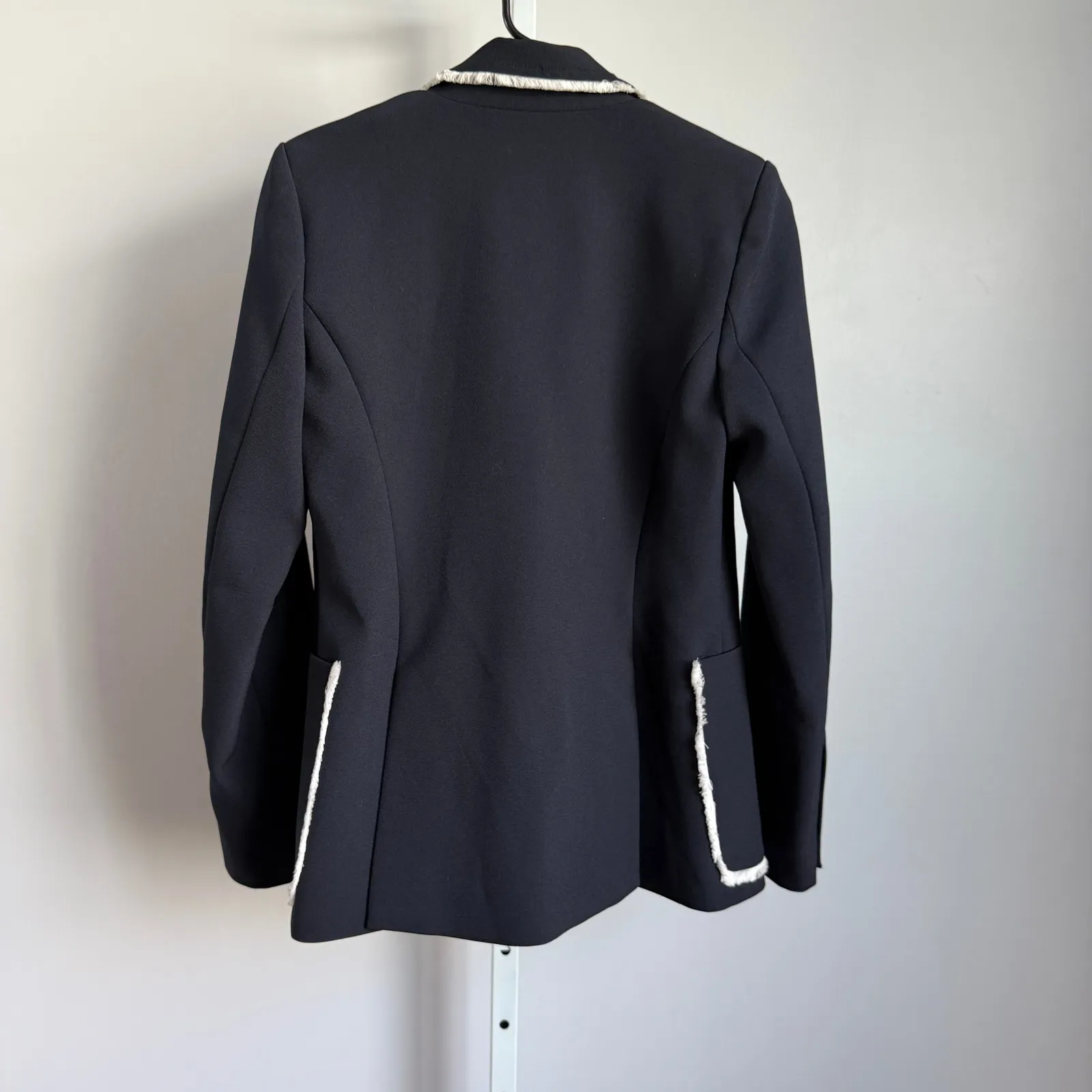 La Reve Navy Blue Blazer sz S Fringe Trim Double Breasted Elegant Women's Jacket - Image 8