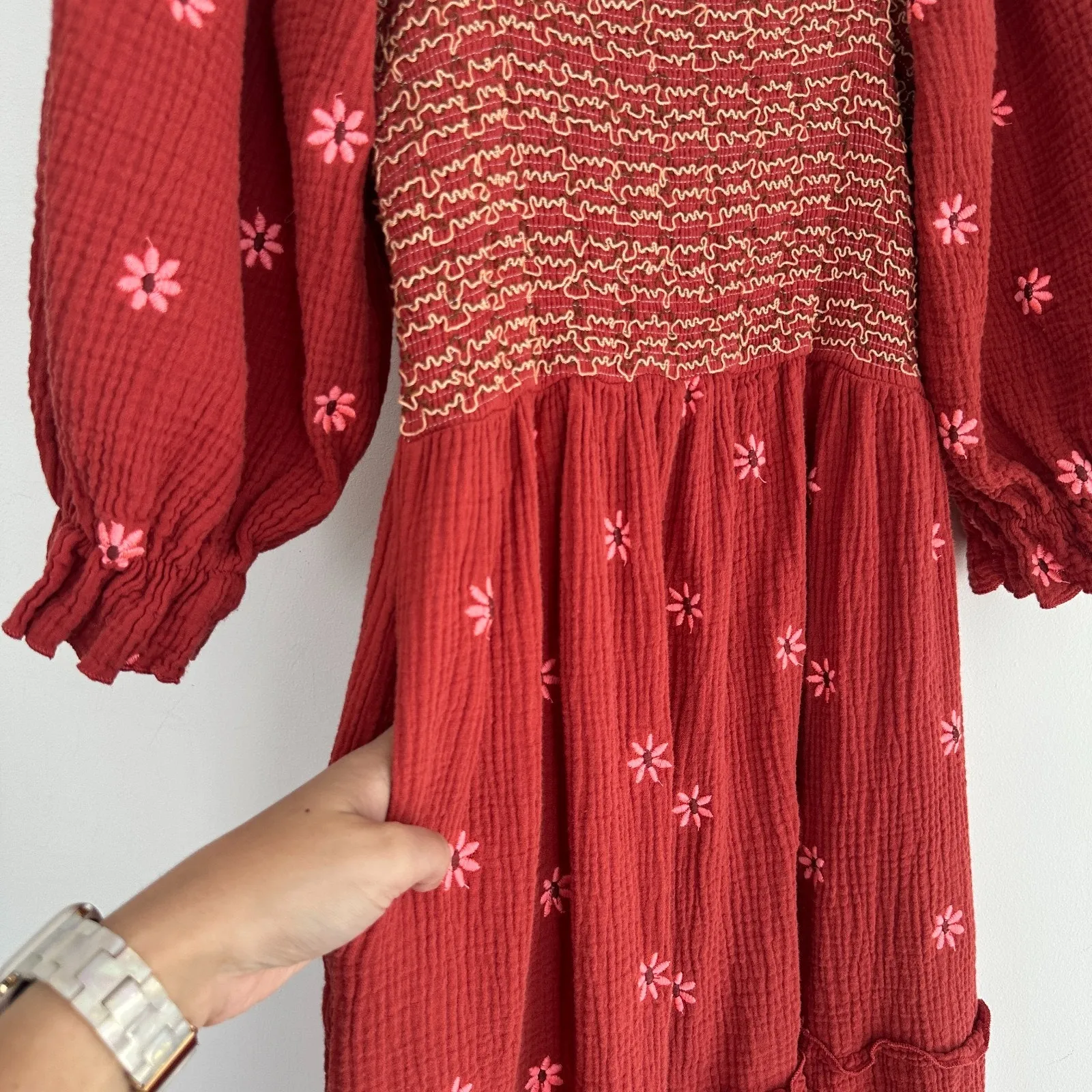 Floral Embroidered Smocked Nap Dress S/M Rust Smocked Gauze Puff Sleeve Cottage Orange - Image 5