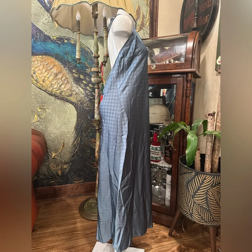 EUC House of Harlow 1960 Blue/SILVER SATIN DIMONS PATTERN Halter Maxi Dress Blue Size L - Image 7