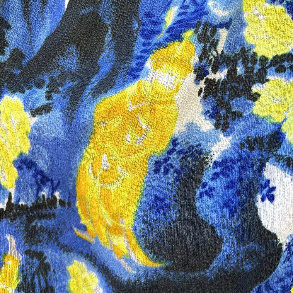 Vintage 1970s Mumu Dress Blue Gold Barkcloth Asian L XL - Image 4