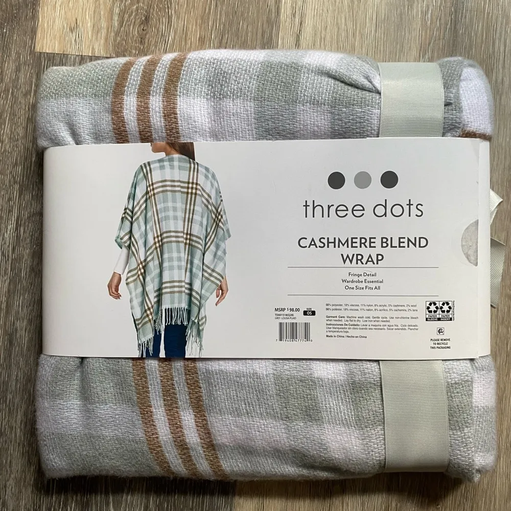 Three Dots Plaid Cashmere Blend Fringe Kimono Wrap in White, Gray, and Brown NWT - Image 5