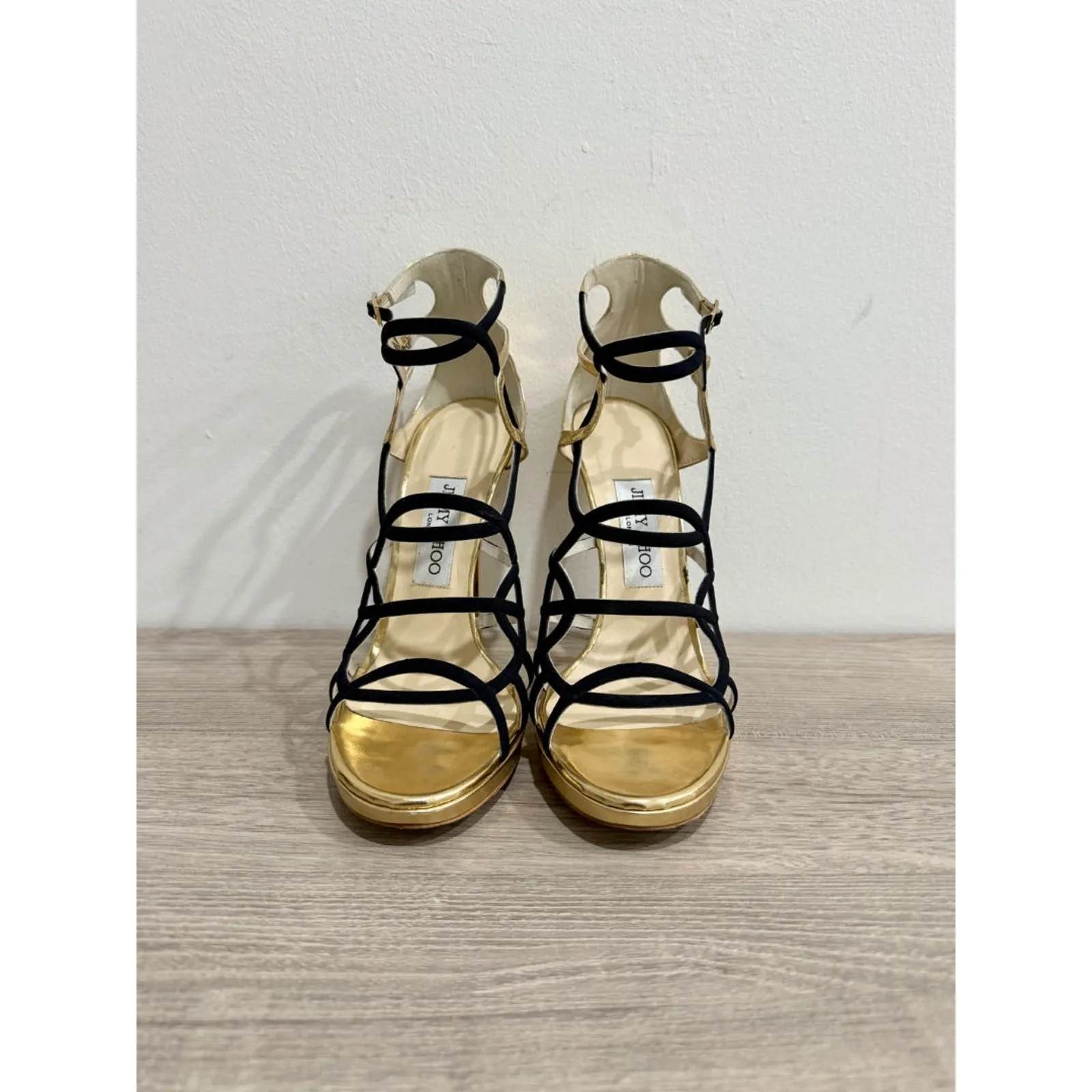 Jimmy Choo Bunting Caged Metallic Leather Strappy Heeled Sandals Black/Gold 39/9 - Image 3