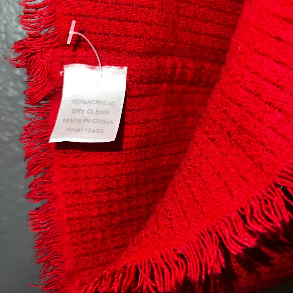 Red Fringe Knit Scarf Cozy Soft Winter Wrap Acrylic Warm Solid Shawl - Image 4