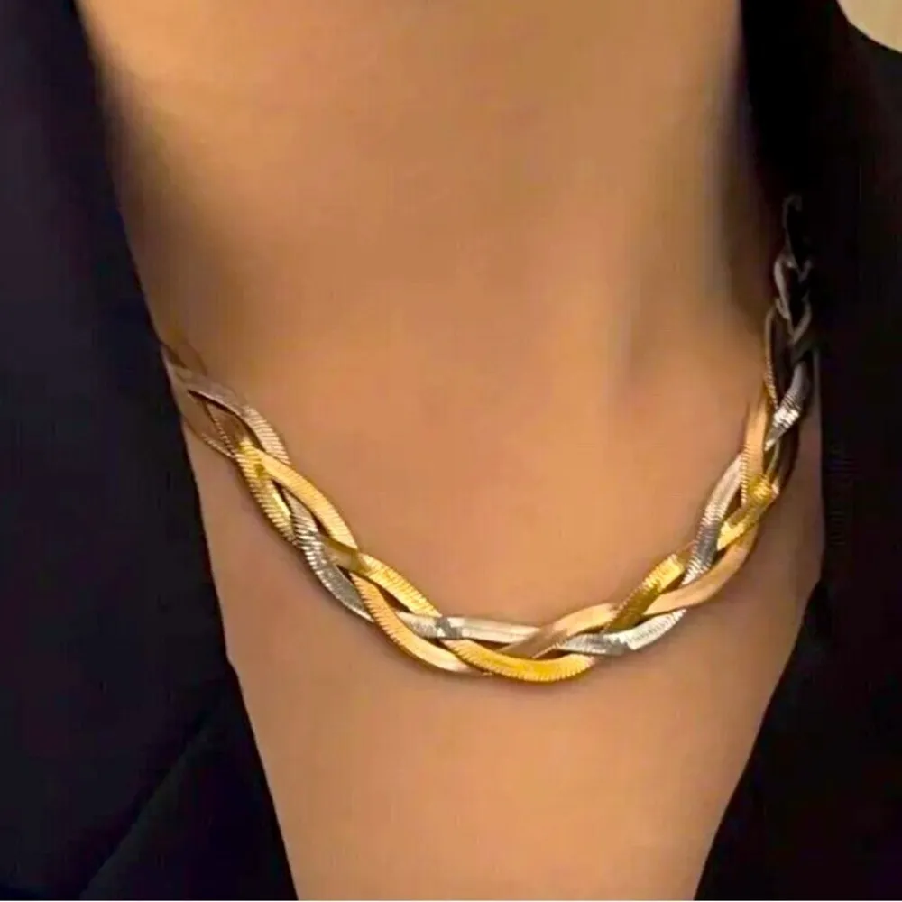 Stainless Steel Braid Tricolors snake Necklace SET Bracelet Womens jewelry Gold - Image 2