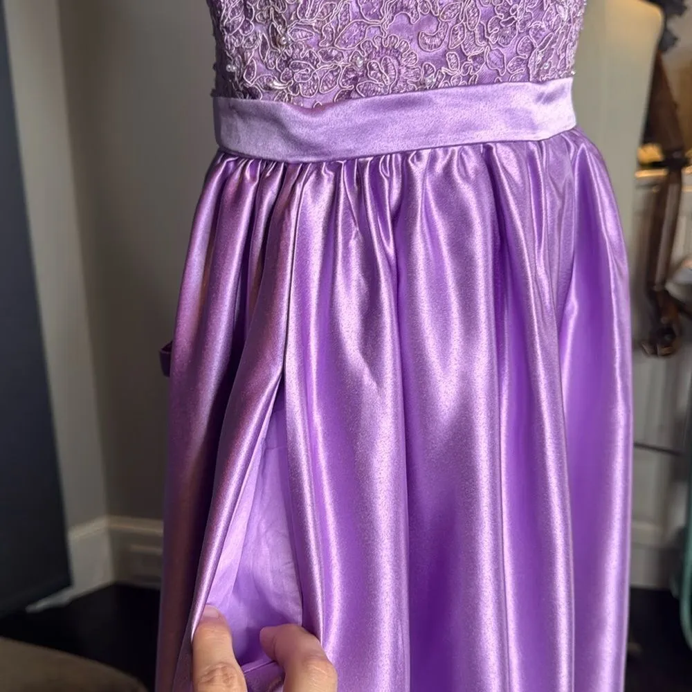 Women’s Purple Spaghetti Strap FullLength Satin Lace Appliqué Party Dress Size 6 Purple - Image 4