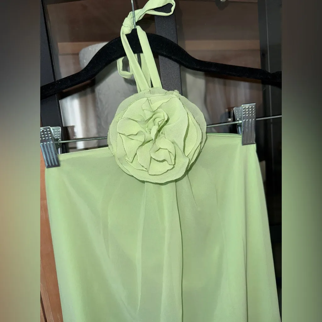 Vintage gown dress rosette halter neck lime green rose flower organza wedding - Image 2