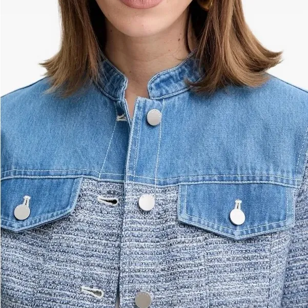 NWT $148 GUESS  Elsie Tweed and Denim Jacket Color: blue indigo tweed combo S - Image 2