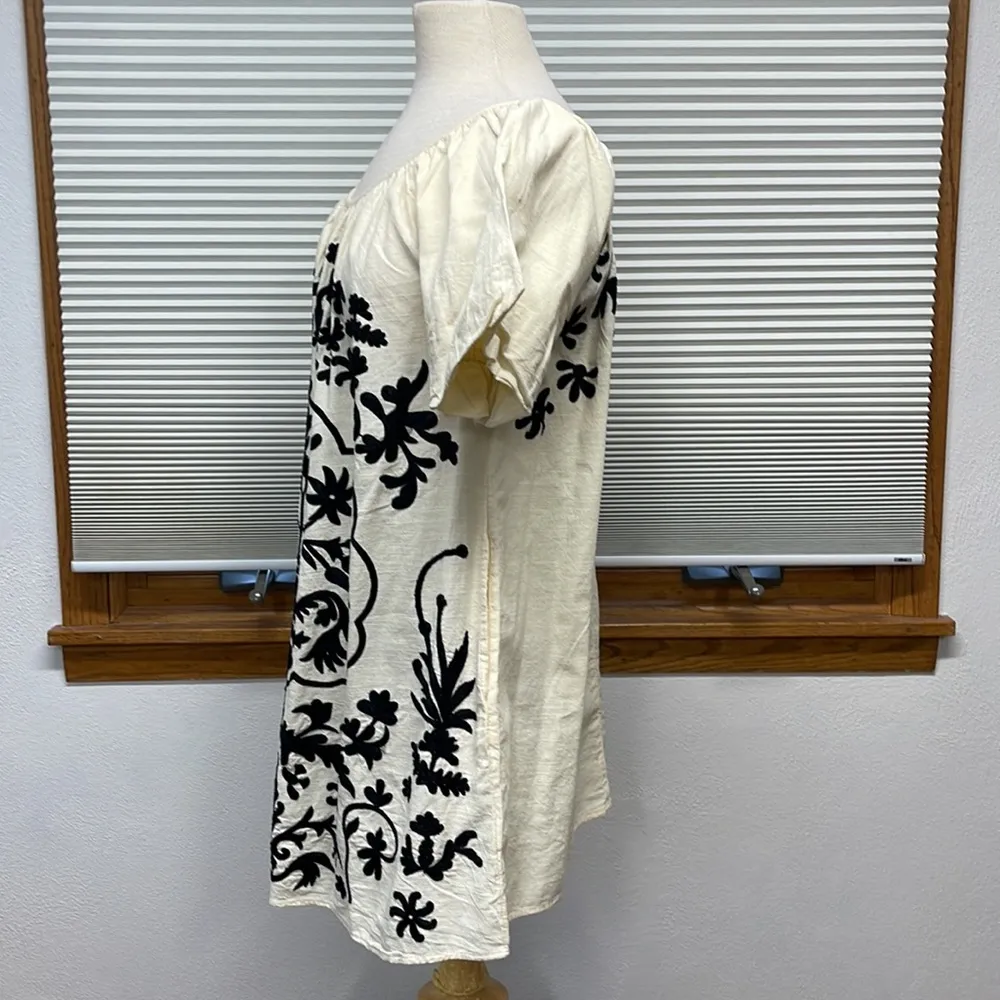 XS // Free People Ivory Cotton Fiona Black Floral Embroidered Mini Dress - Image 11