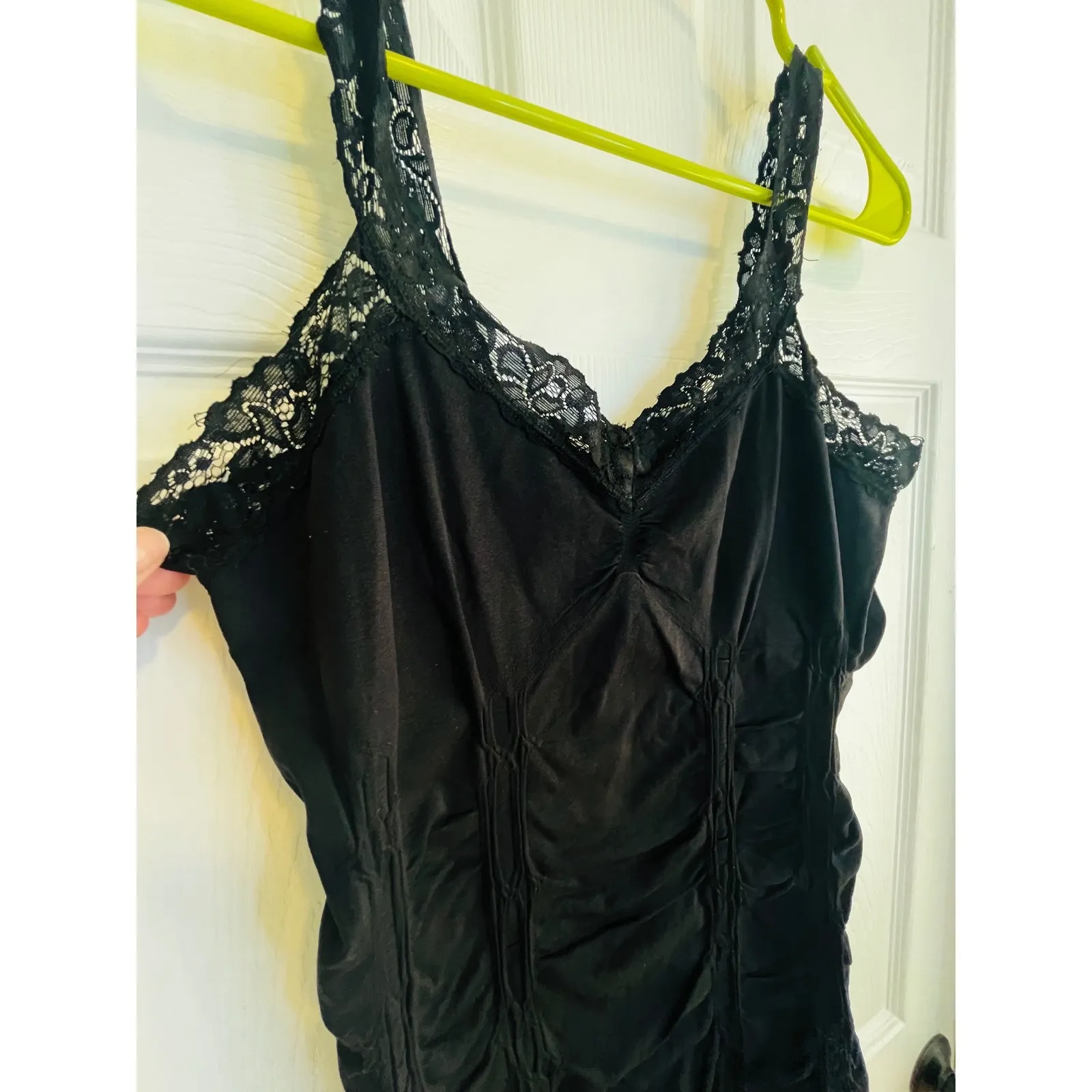 Y2K Bongo Black Lace Trim Ruched Tank Top Camisole L Spandex WhimsiGoth Witchy - Image 5