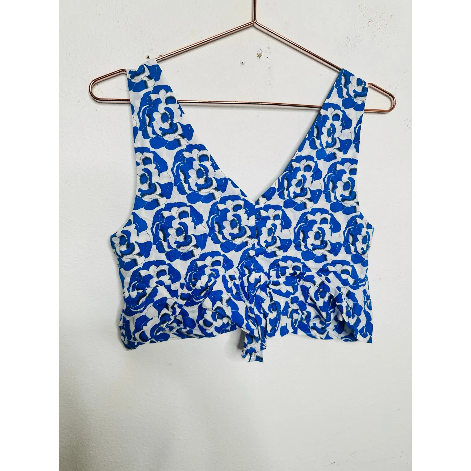 THAKOON Blue White Floral Rose Pop Print 100% Cotton Ruffle Crop Top size 6 - Image 8