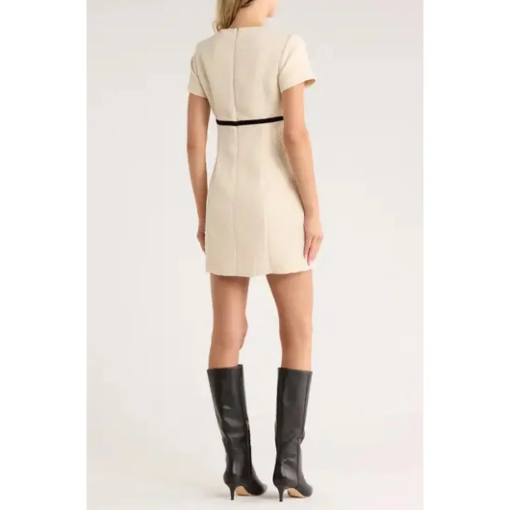 FRENCH CONNECTION Velvet Bow Short Sleeve Bouclé Minidress in Cream/ Black - Image 11