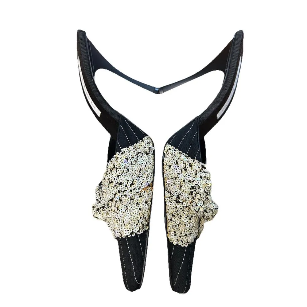 Olivia Rose Tal Black Pinstripe Sequin Point Kitten Heels size 8 - Image 3