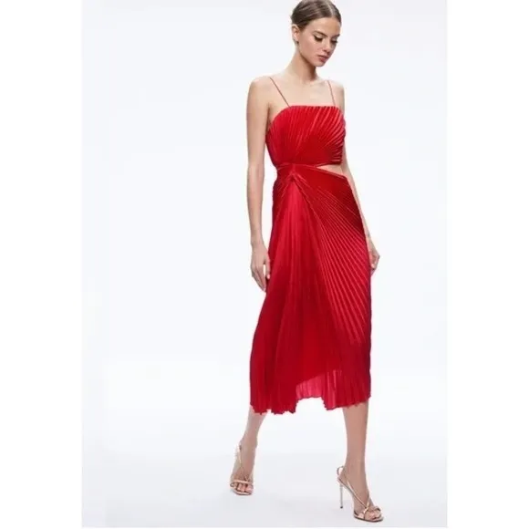 Red Pleated Cutout Midi Dress‎ Party Cocktail Occasion Size Unknown - Image 4