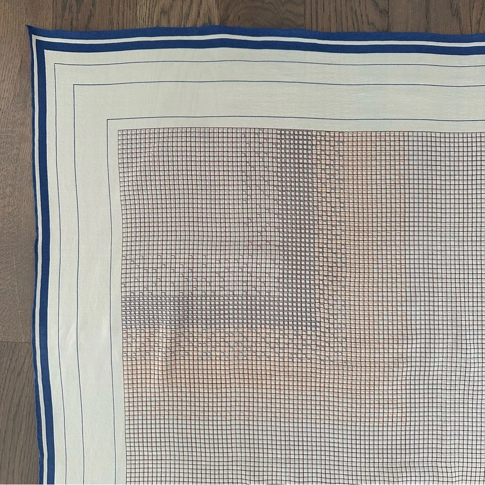 Vintage Anthro 100% Silk Crepe Scarf Grid Print Cream, Rust, Blue 34" Square - Image 6