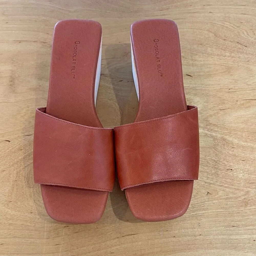 Chocolat Blu Womens Leather Square Toe Jadine Slide Wedge Sandal Camel Tan Sz 39 - Image 2