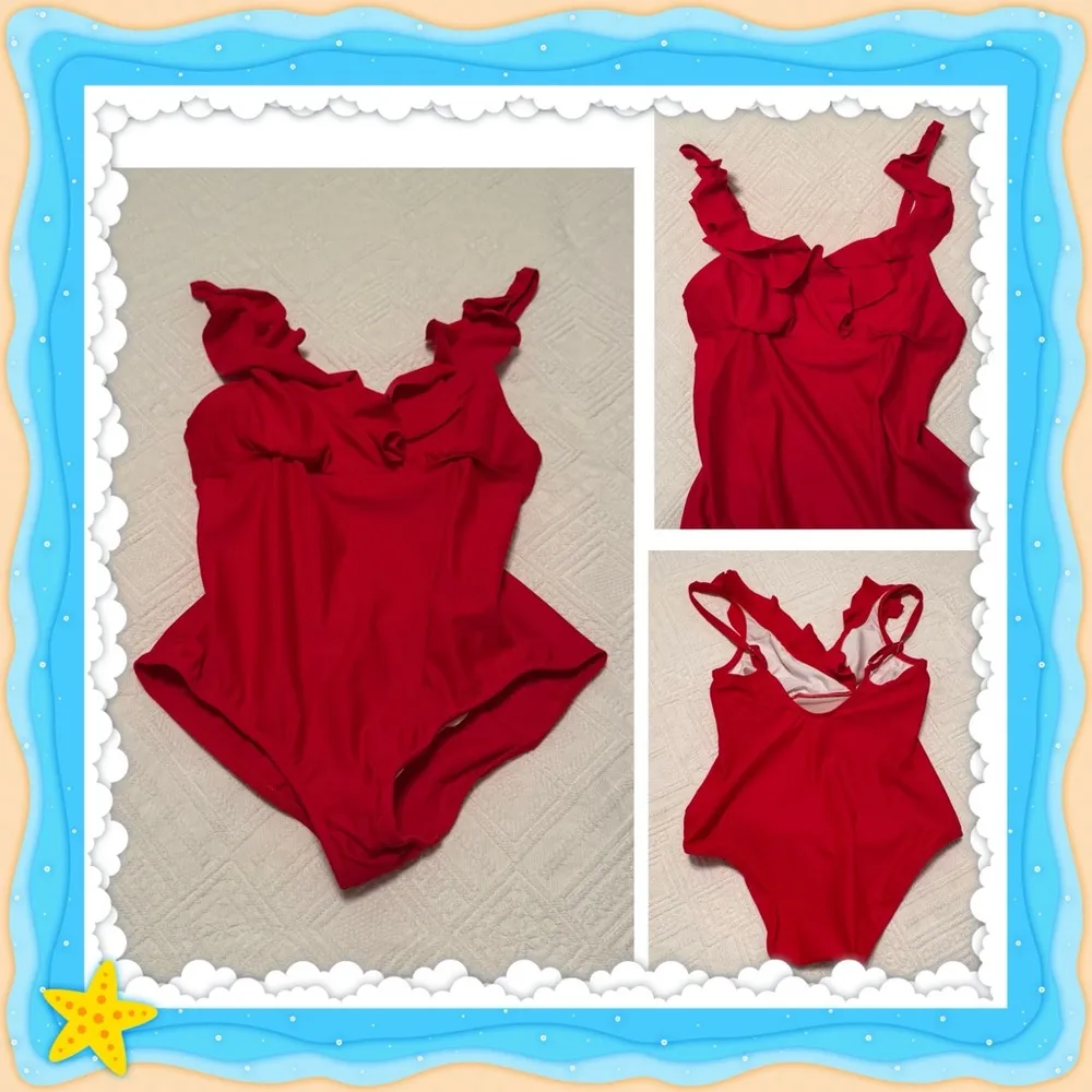 Venus one piece red swim suit. Ruffles at shoulders and chest. Size 8. - Image 2