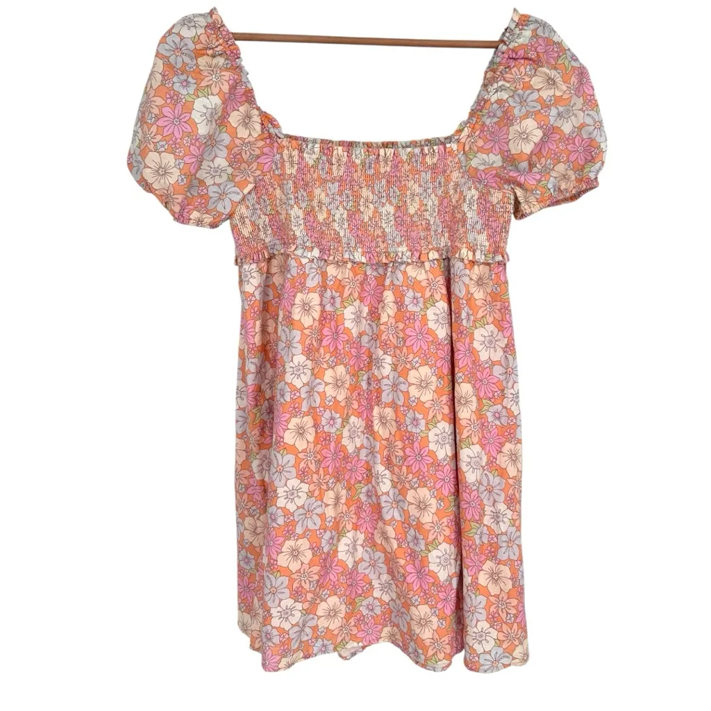 Sunday Best Floral Babydoll Dress size Large Smocked Aritzia Puff Cap Sleeves Orange - Image 7