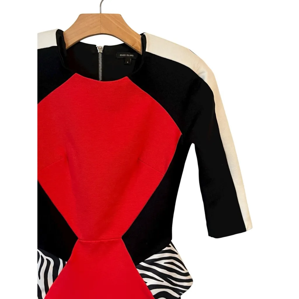 River Island Dress Womens 6 Red Black 3/4 Sleeve Peplum Pencil Cocktail Office - Image 3