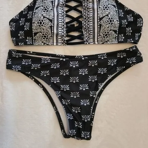 Apparel Womens S Two Piece Halter Criss Cross Blue White Floral Bikini Swimsuit Black - Image 3