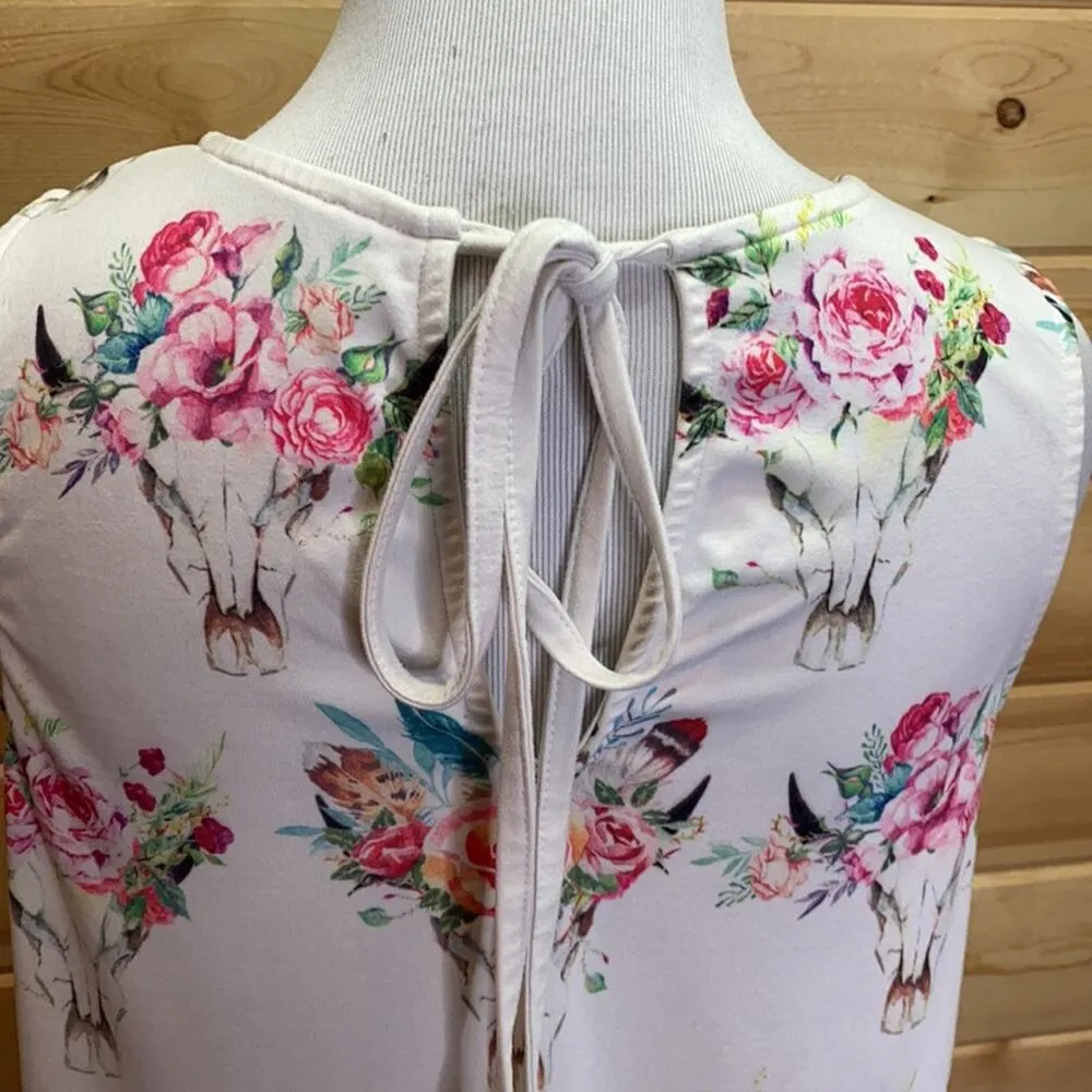 P.S. Kate Longhorn Steer Bull Floral Feather Boho Western Dress Small White - Image 7
