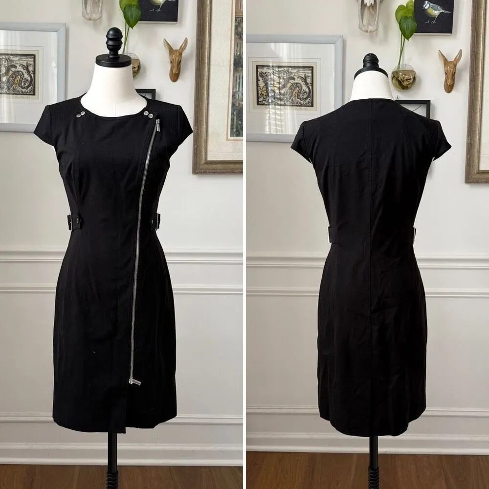 Karen Millen Black Sheath Moto Pencil Dress Silver Offset Zipper Snap $298 8 - Image 3