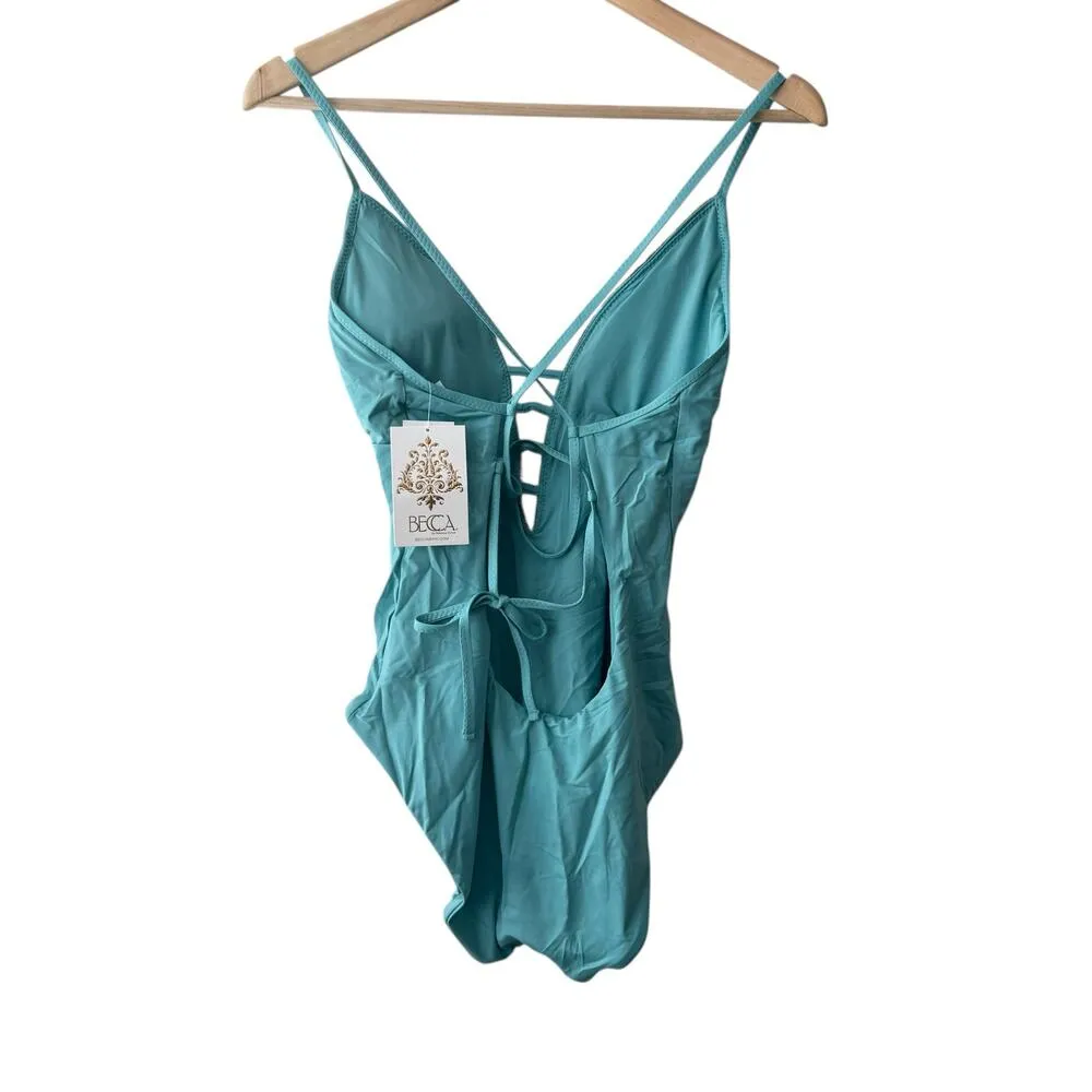 Becca Blue Fiesta Plunge Neck Basket Weave Trim One Piece Swimsuit Size Large - Image 8