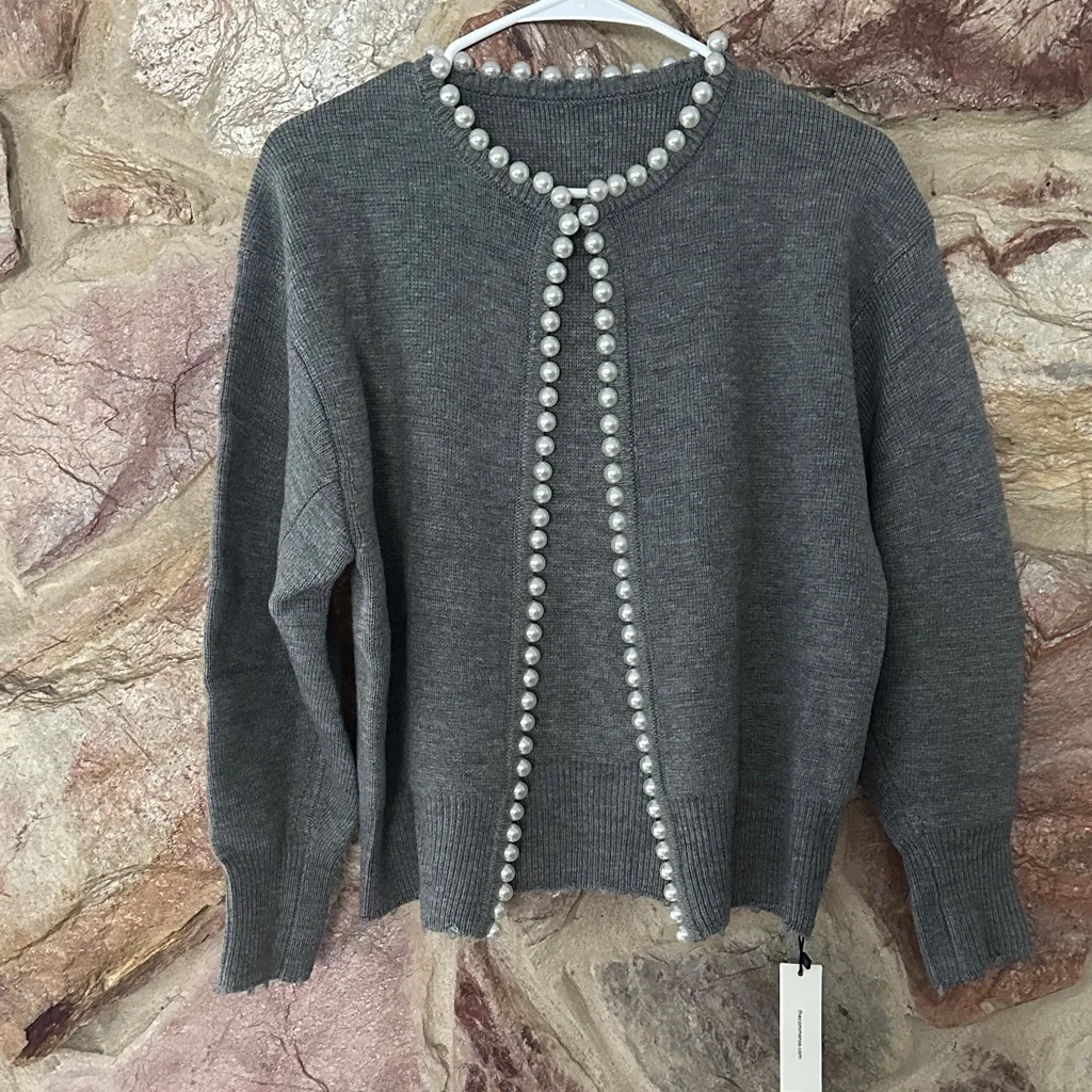 Commense Pearl Trim Ripped Hem Cardigan size small Gray - Image 2