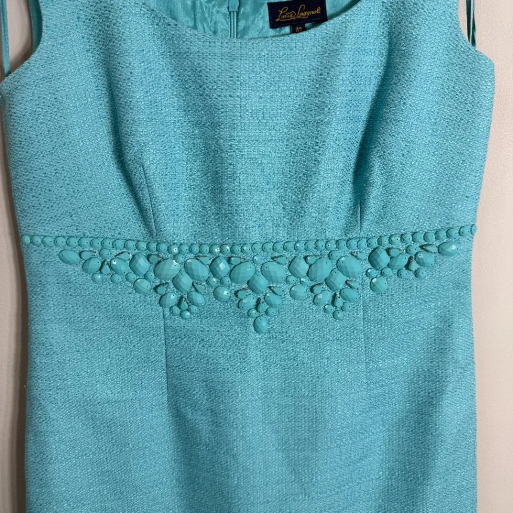 Luisa Spagnoli Linen Jeweled Sheath Dress Women's 42 Blue Italian Tweed Designer - Image 8