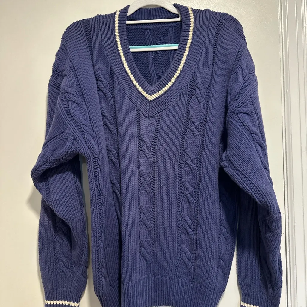 Vintage Oversized Blue Vneck Chunky Cable Knit Pullover Sweater. Heavyweight Size XL - Image 1