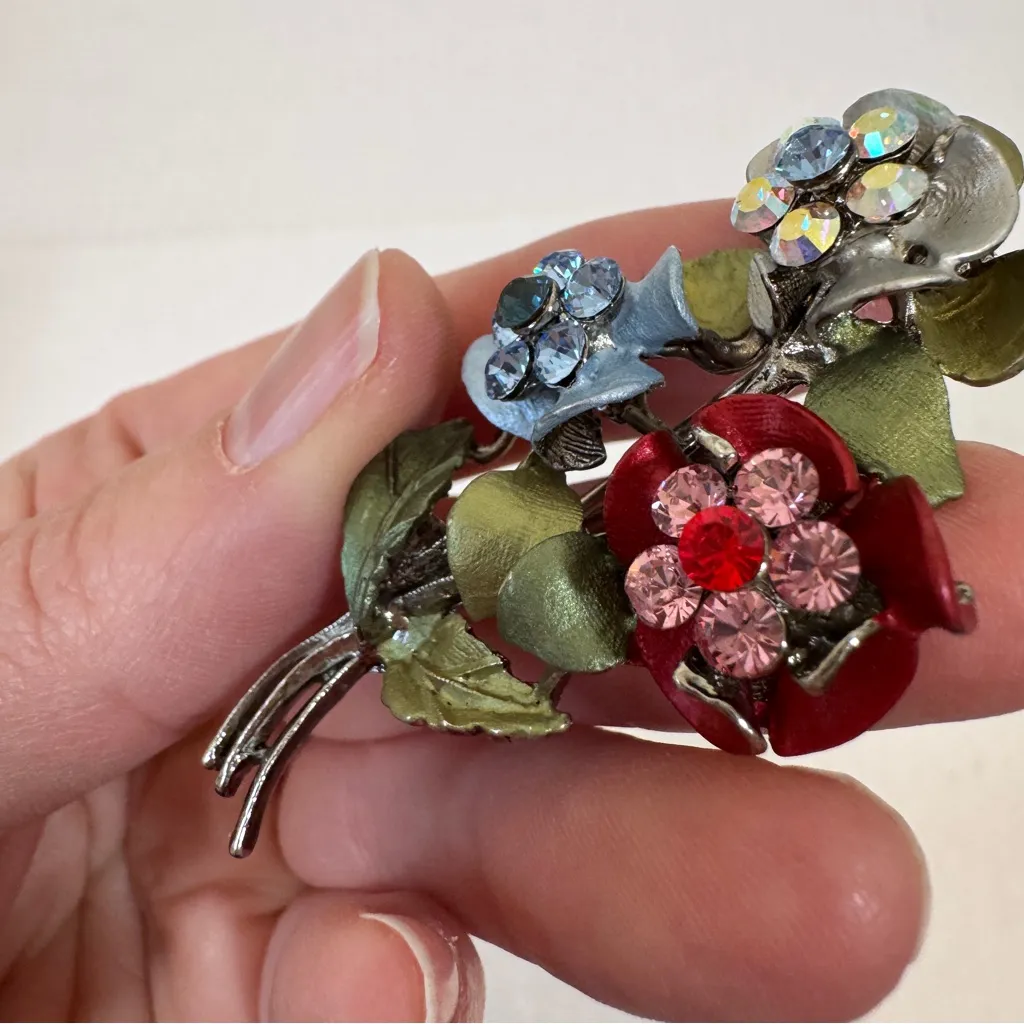 Silver Tone Enamel Rhinestone Flower Bouquet Brooch Vintage Estate Jewelry - Image 7