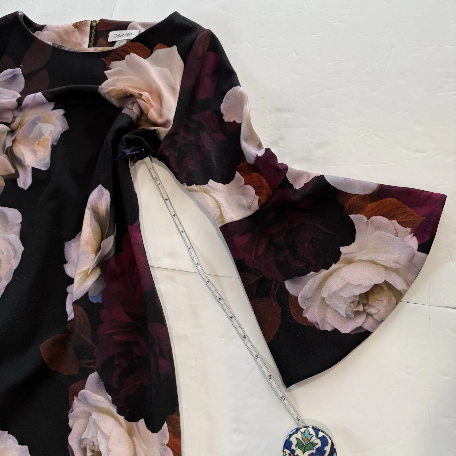Calvin Klein Black Pink Floral Bell‎ Sleeve Stretch Crepe Sheath Dress Size 4 - Image 8