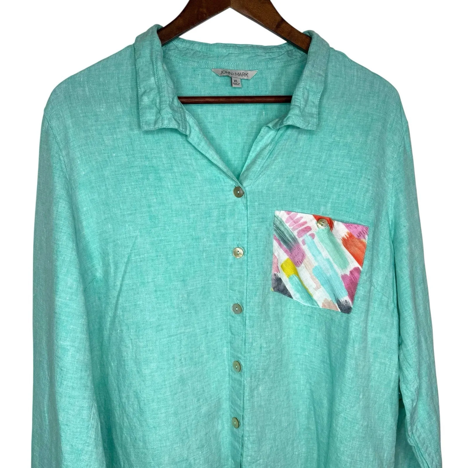 John Mark XL Linen Shirt Top Aqua Blue‎ Green Casual Artsy Lagenlook Roll Tab - Image 4