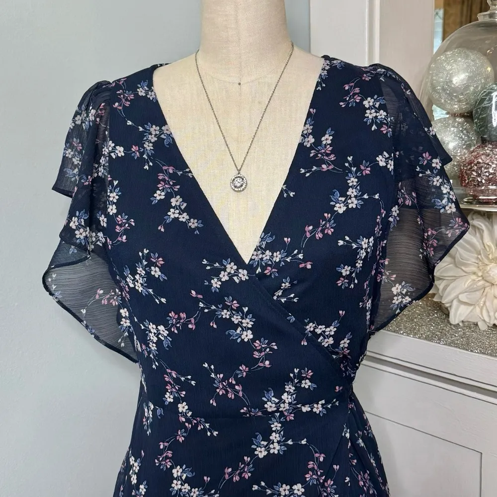 DREW for Anthropologie Floral Print Wrap Maxi Dress Boho Style Navy Size Small - Image 7