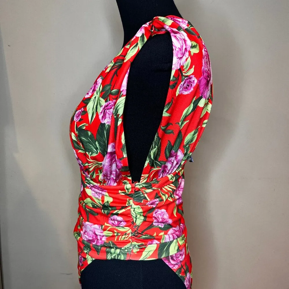 Zara Orange Draped Floral Bodysuit Deep V  SZ M Vacation Beach Hawaii GNO Sexy - Image 5