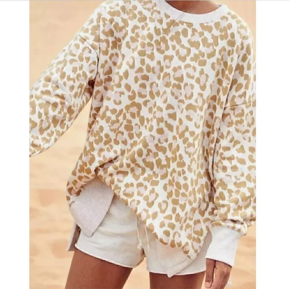 AERIE AMERICAN EAGLE Oversized Desert Sweatshirt Cream Tan Leopard Cheetah Tunic - Image 4