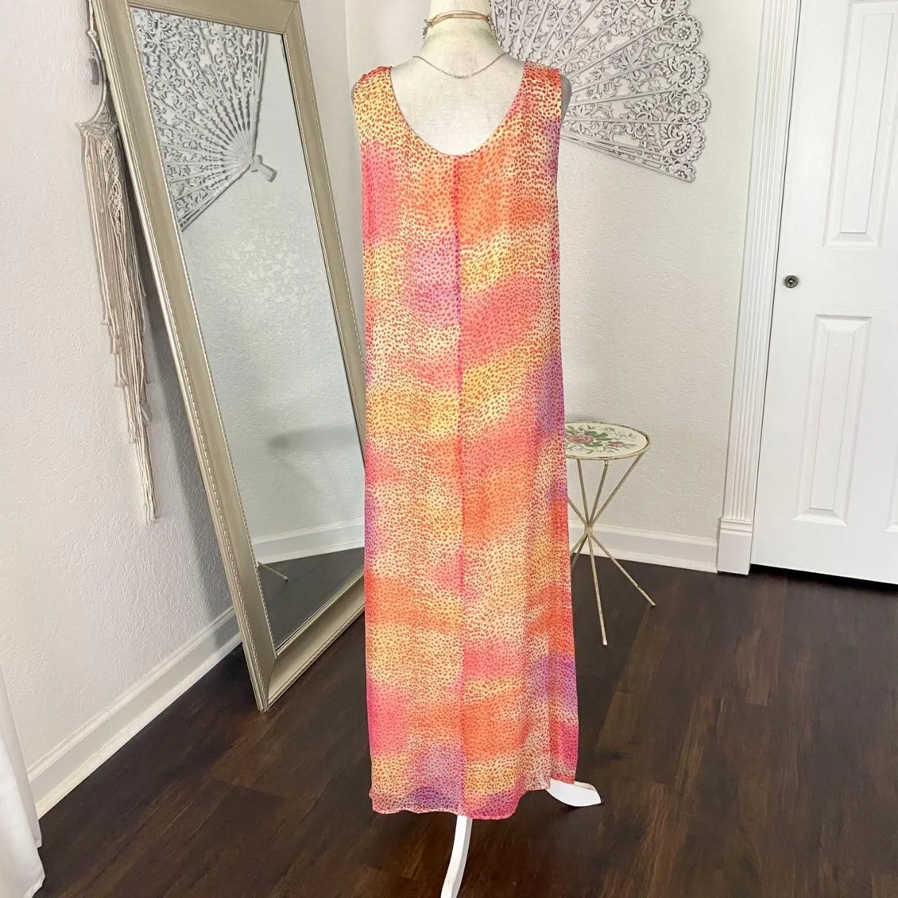 Robbie Bee VTG Early 2000's Speckled Orange Pink Sunset Silk Midi Maxi Dress M - Image 4