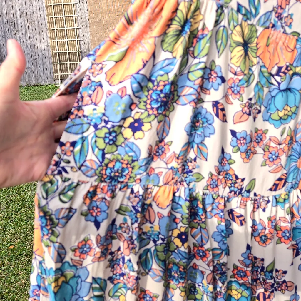 Angie Floral Maxi Tiered Dress in Blue and Cream S - Image 12