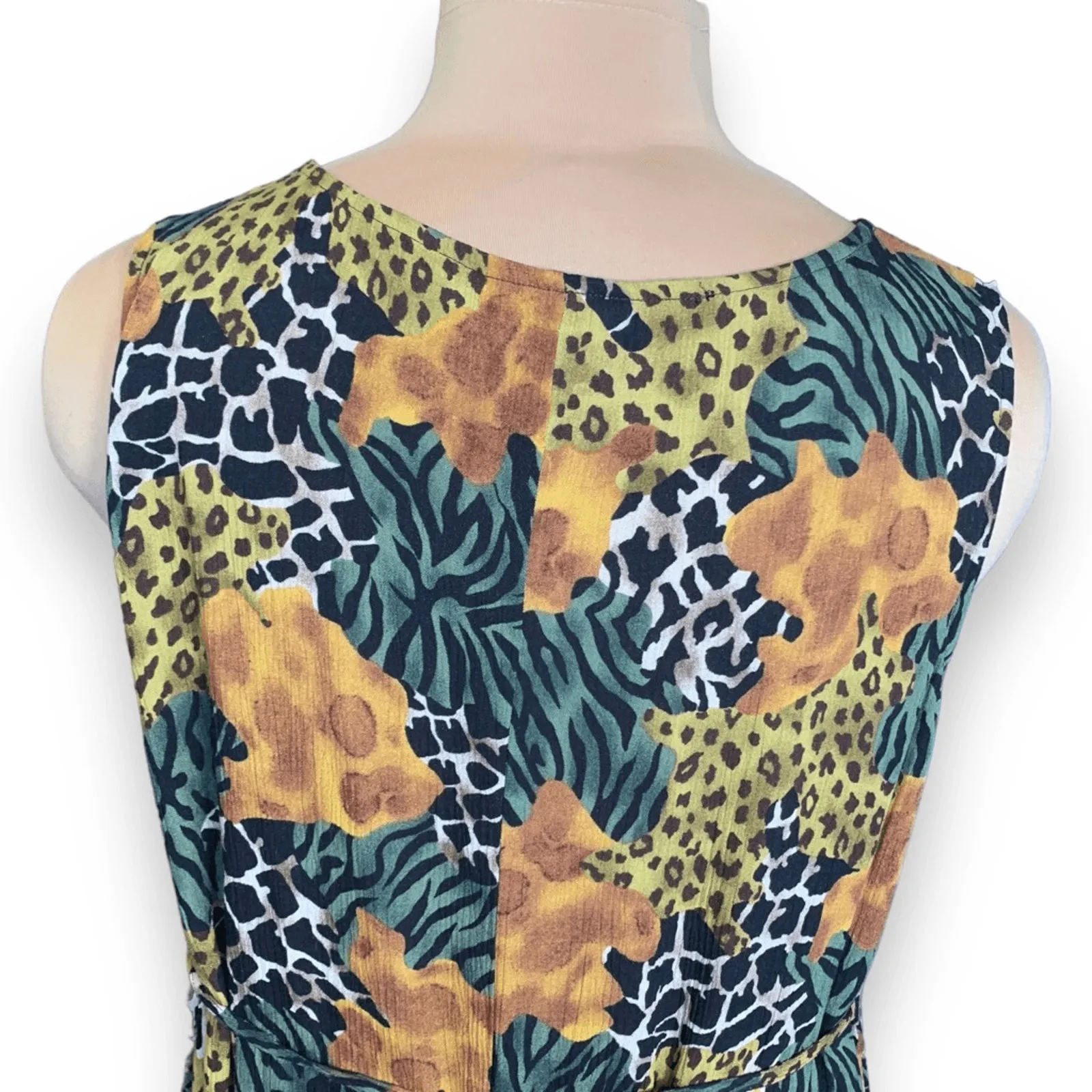 Vintage 90s Sleeveless Mixed Animal Print Maxi Dress Green Yellow Brown Large - Image 5