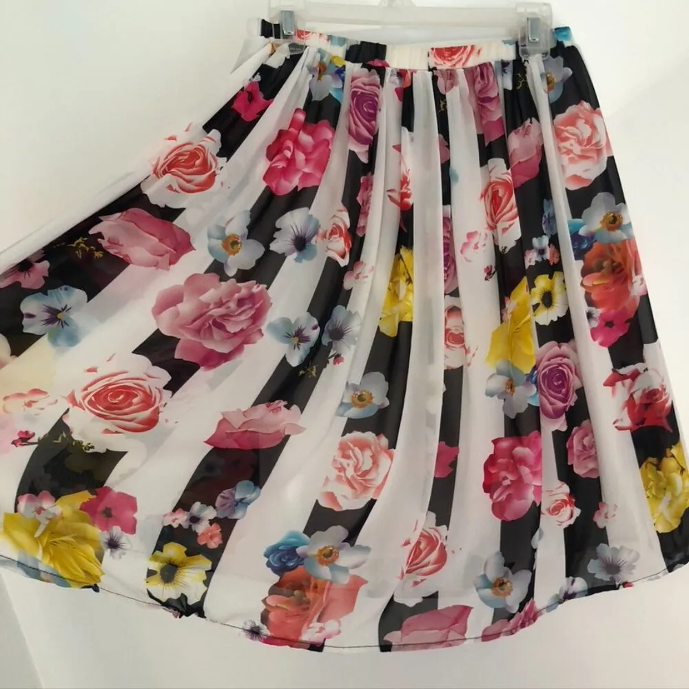 CUPIO Black White Stripe Pink Red Blue Multi Floral Sheer Lined Midi Skirt Small - Image 14