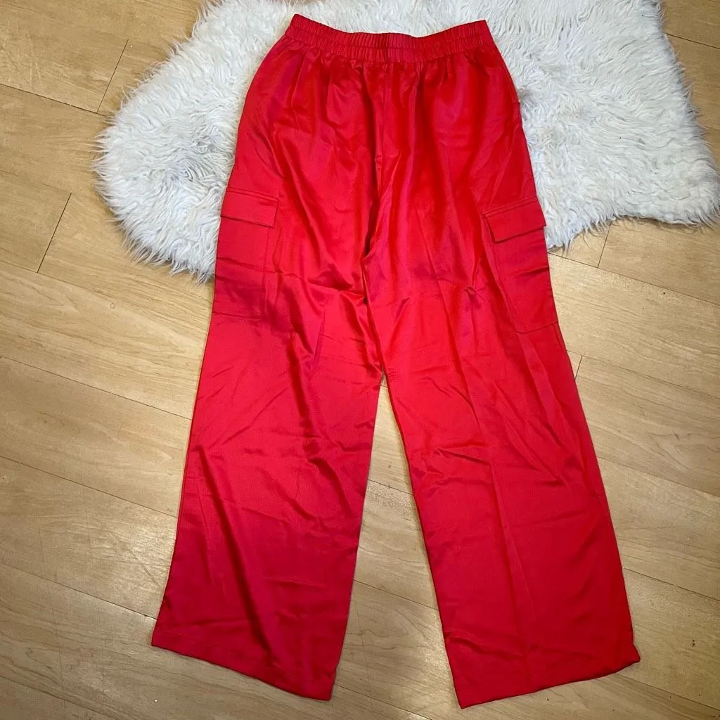 Red satin cargo styles high waisted wide leg pants M - Image 8