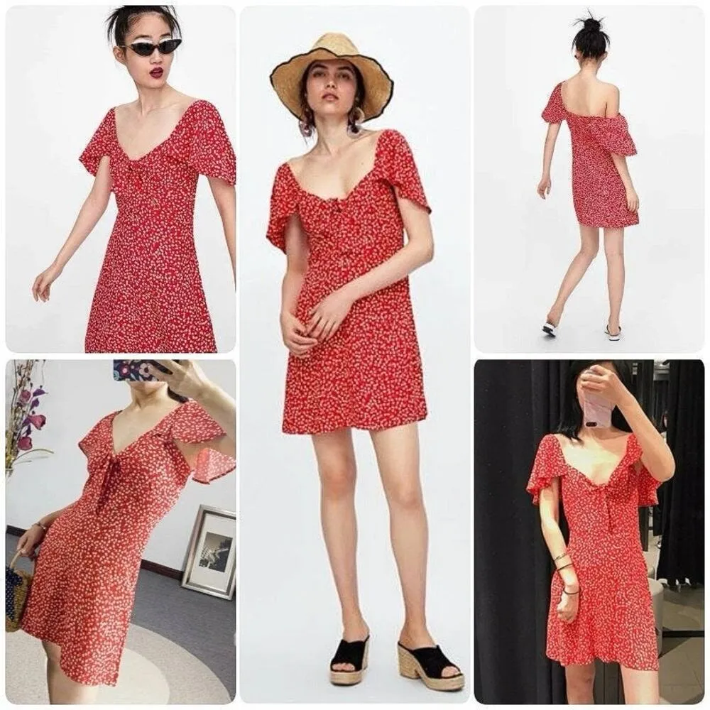 Zara Red Floral Sweetheart Neck Flutter Sleeve Bow Smocked Back Mini Dress Sz S - Image 5